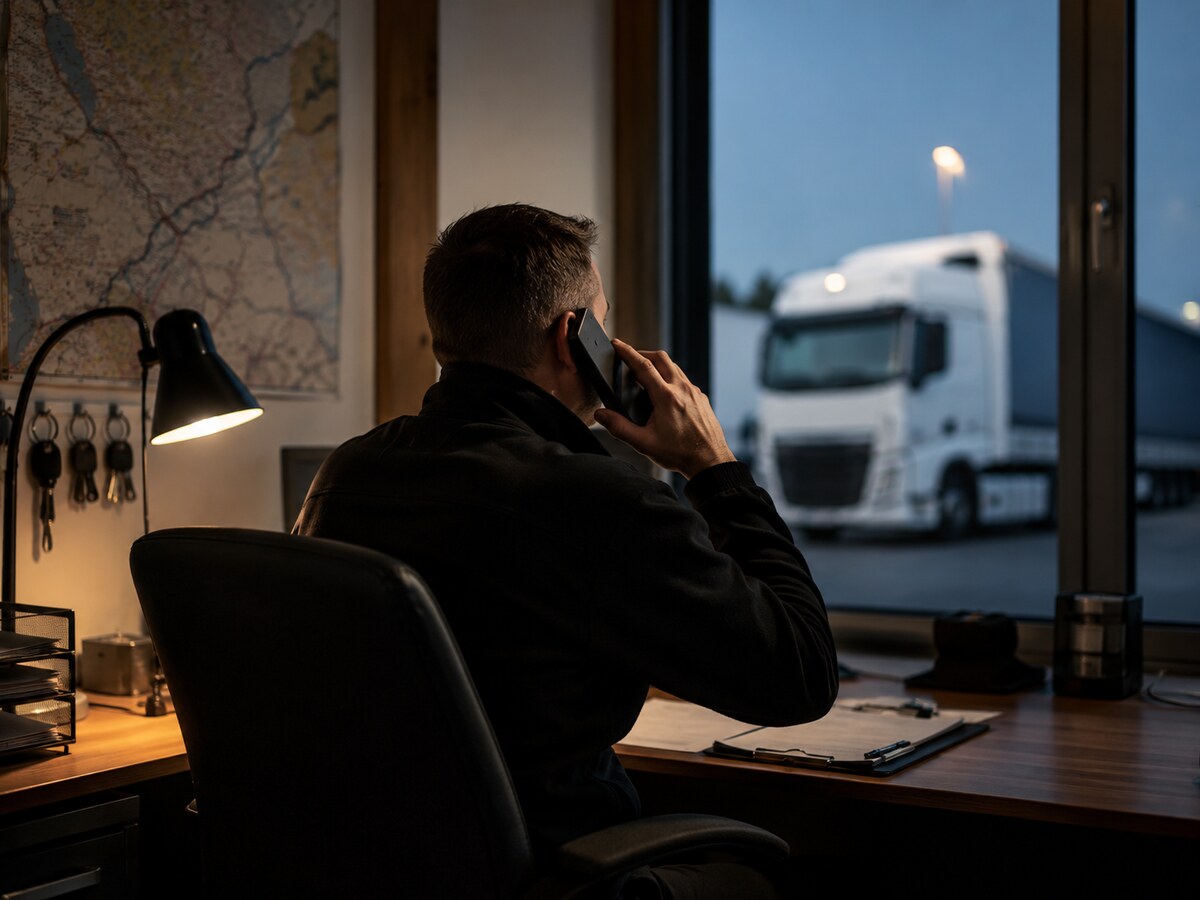 Dispečer AMC-TRANS na telefonu, kamion na dvoře v Jihlavě